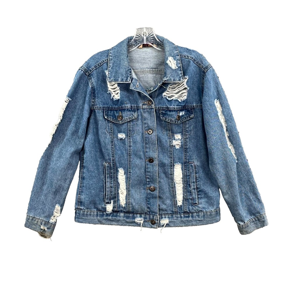 Highway Jeans Trucker Jacket Womens Small Denim Distressed Streetwear Grunge Y2K
